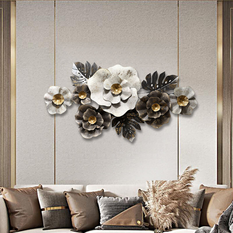Side view of Nordic decorative iron wall hangings showcasing floral design in a cozy living room.