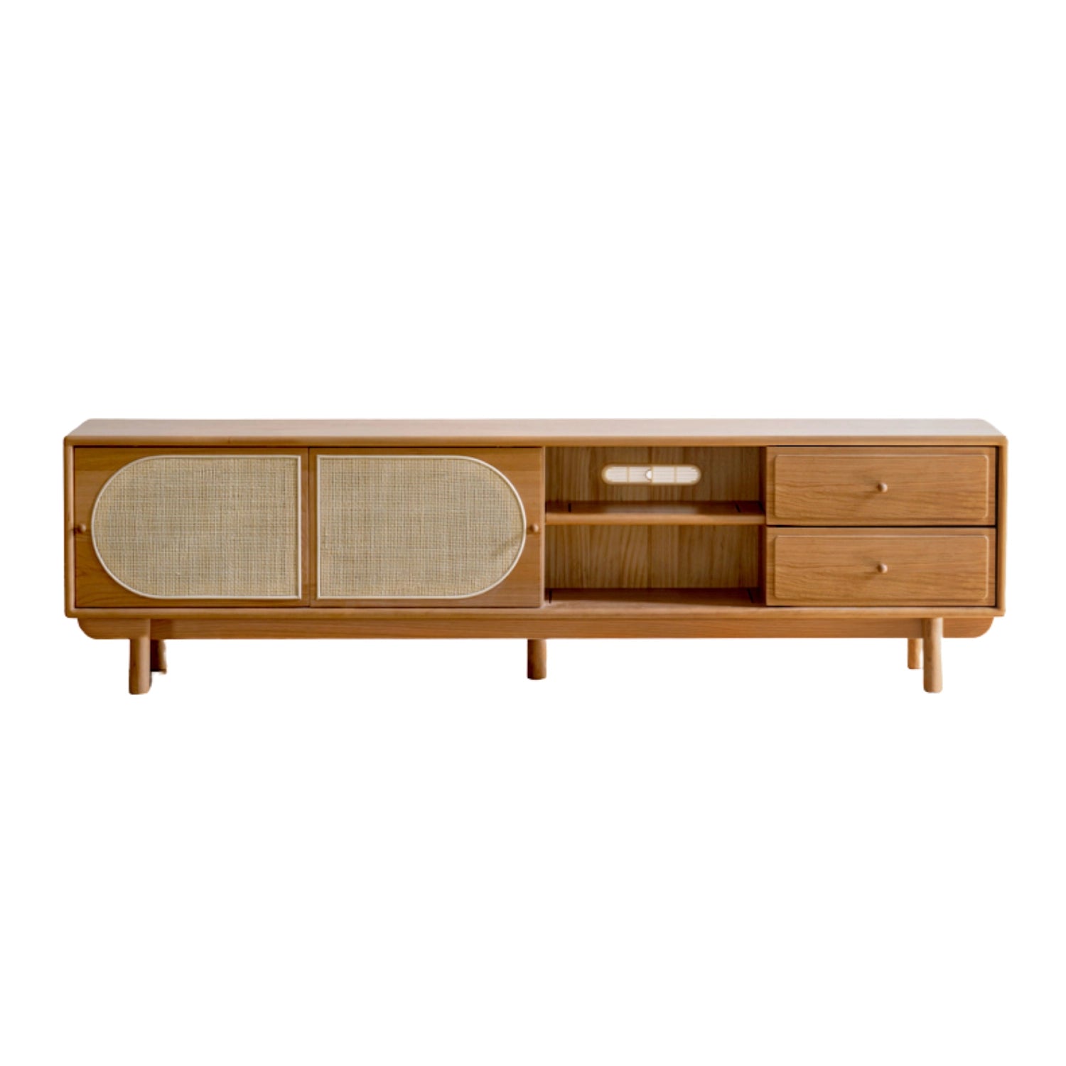 Front view of the modern rattan media cabinet showing sliding doors and storage drawers