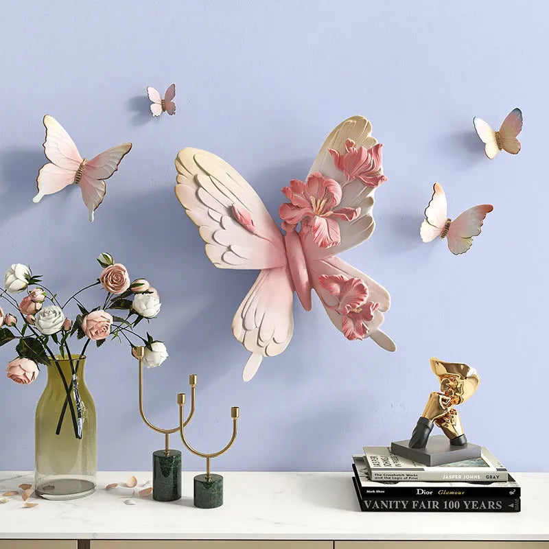 Side angle of the stunning 3D resin butterfly sculpture against a neutral wall.