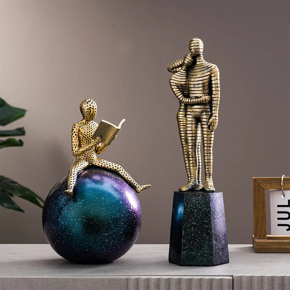 Side angle of abstract figurine placed on a modern console table, highlighting its novelty shape
