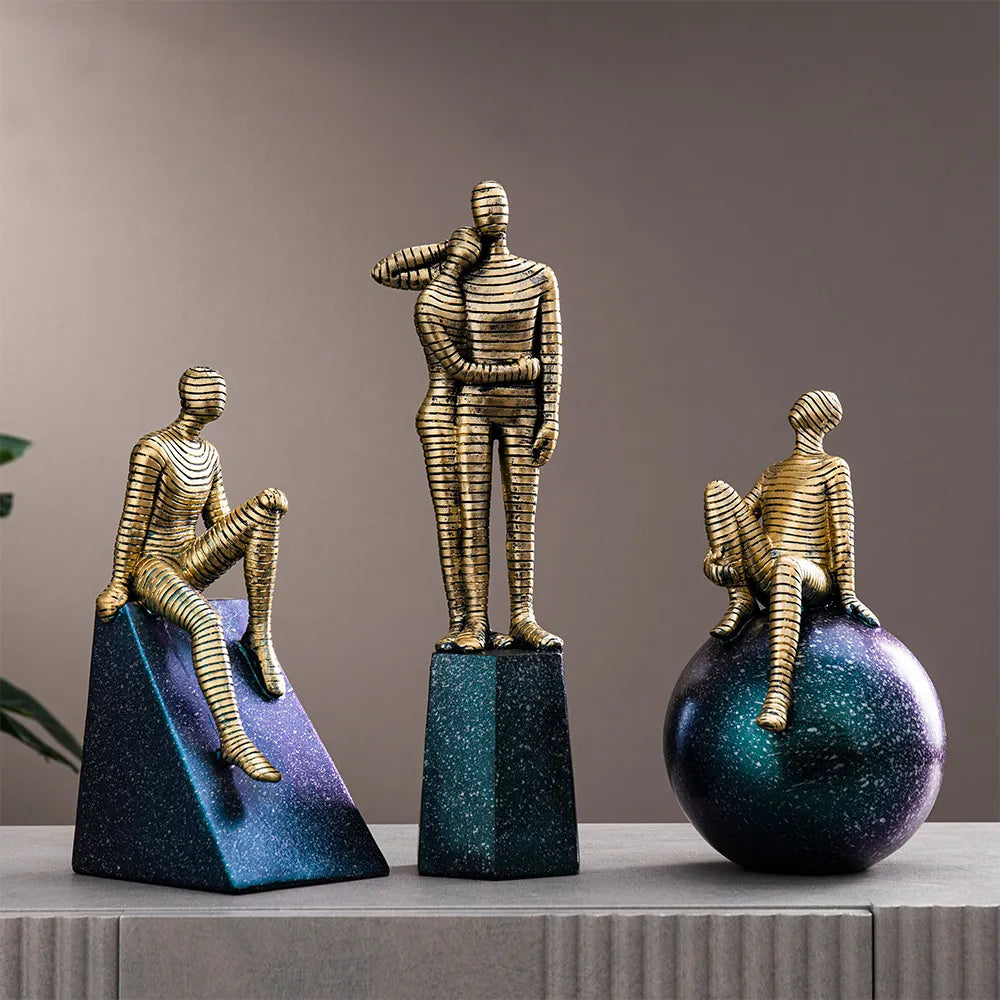 Side angle of abstract figurine placed on a modern console table, highlighting its novelty shape