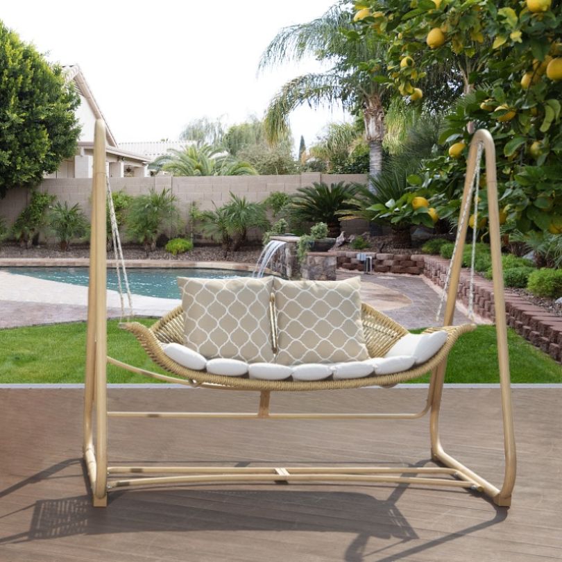 Comfortable cushioned swing seat perfect for patio lounging.