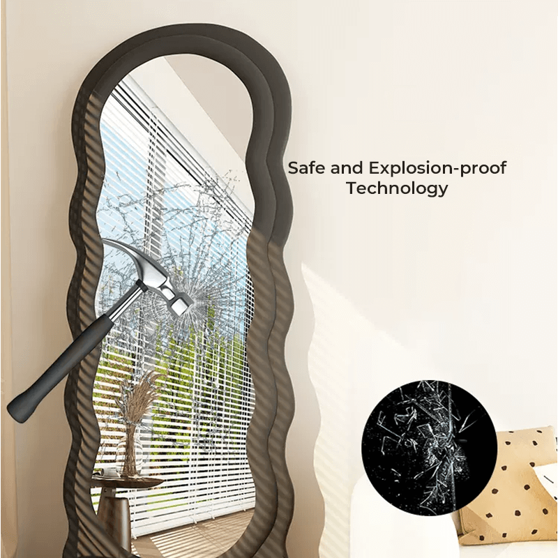 Curvy black full length mirror showcasing its unique wave shape in a stylish bedroom setting.