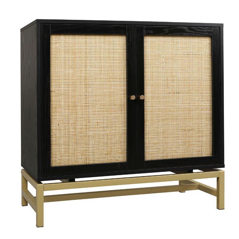 Close-up of the rattan texture and metal accents on the Nordic accent cabinet.
