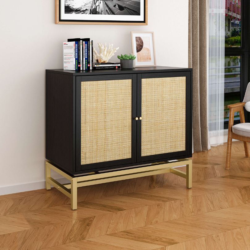 Nordic style accent cabinet set in a cozy living room setting.
