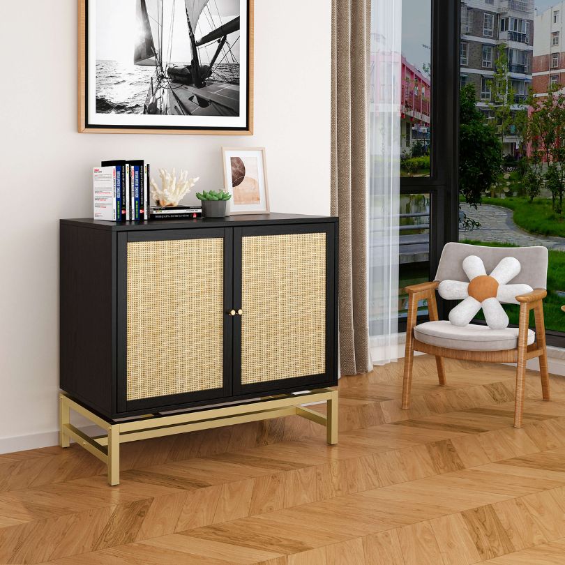 Nordic style accent cabinet set in a cozy living room setting.