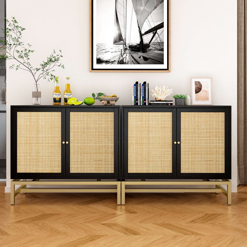 Nordic black rattan accent cabinet set with chic rattan doors and a black wooden frame.
