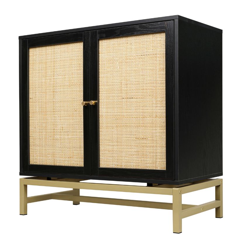 Nordic black rattan accent cabinet set with chic rattan doors and a black wooden frame.