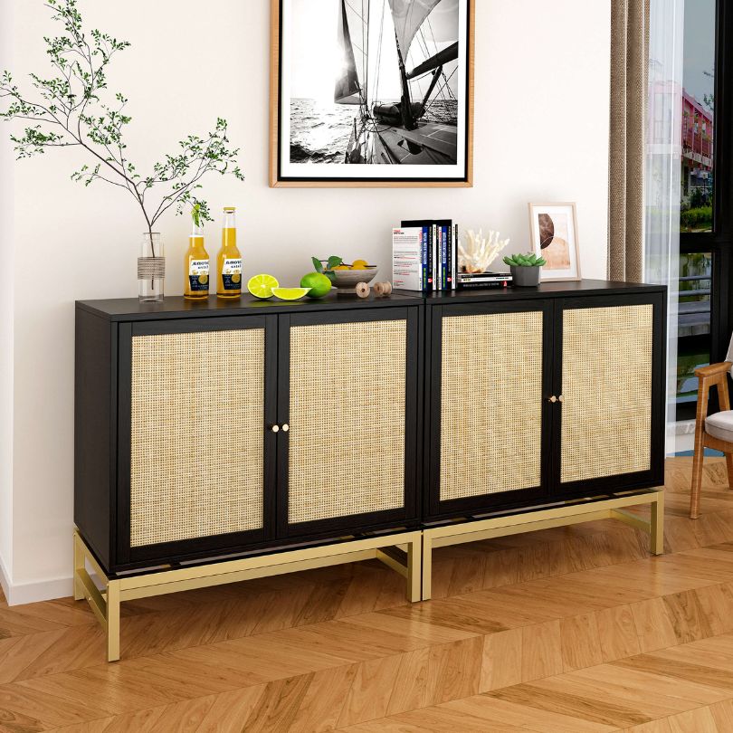 Nordic black rattan accent cabinet set with chic rattan doors and a black wooden frame.