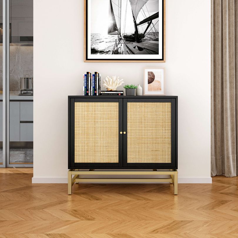 Close-up of the rattan texture and metal accents on the Nordic accent cabinet.