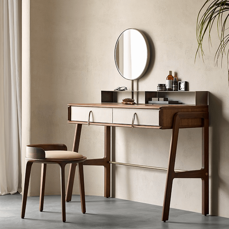 Full setup of the Nordic Black Walnut Dressing Table featuring the matching stool and decorative items.
