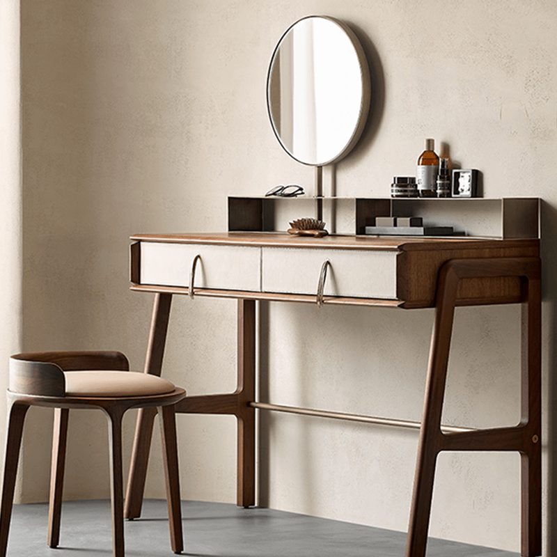 Side view of the Nordic Black Walnut Dressing Table showcasing its elegant design and adjustable mirror.