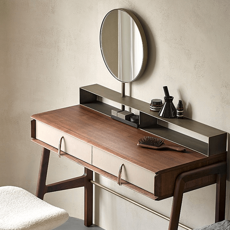 Side view of the Nordic Black Walnut Dressing Table showcasing its elegant design and adjustable mirror.