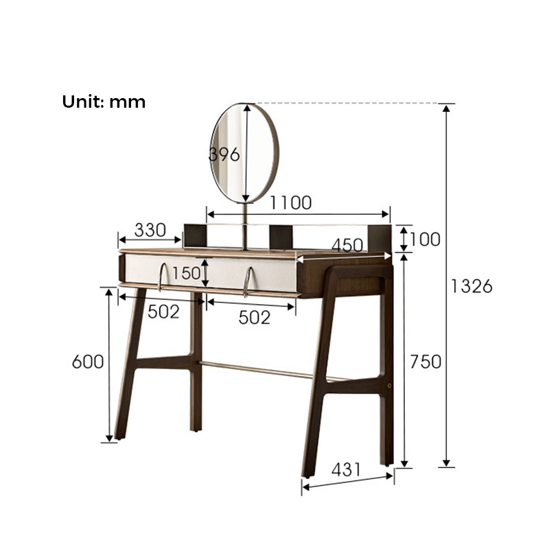 Full setup of the Nordic Black Walnut Dressing Table featuring the matching stool and decorative items.