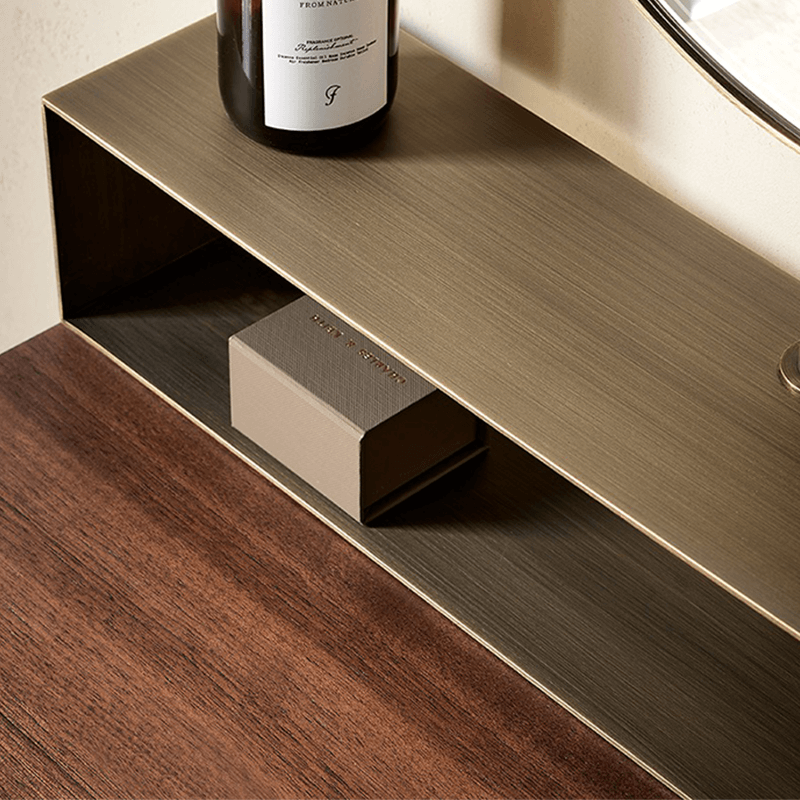Full setup of the Nordic Black Walnut Dressing Table featuring the matching stool and decorative items.