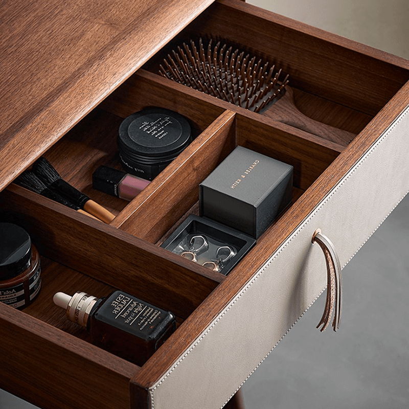 Close-up of the drawers on the Nordic Black Walnut Dressing Table highlighting the French dove tail joints.