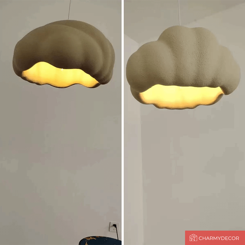Nordic Cloud Chandelier viewed from below, highlighting its cloud shape and polished metal accents.