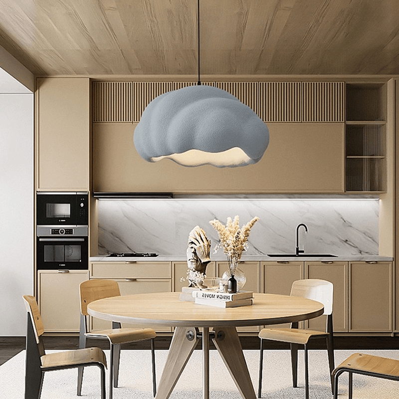 Nordic Cloud Chandelier viewed from below, highlighting its cloud shape and polished metal accents.