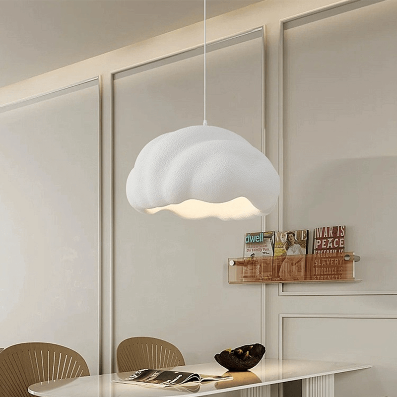 Nordic Cloud Chandelier hung in a modern living room, demonstrating its adjustable height and elegant style.