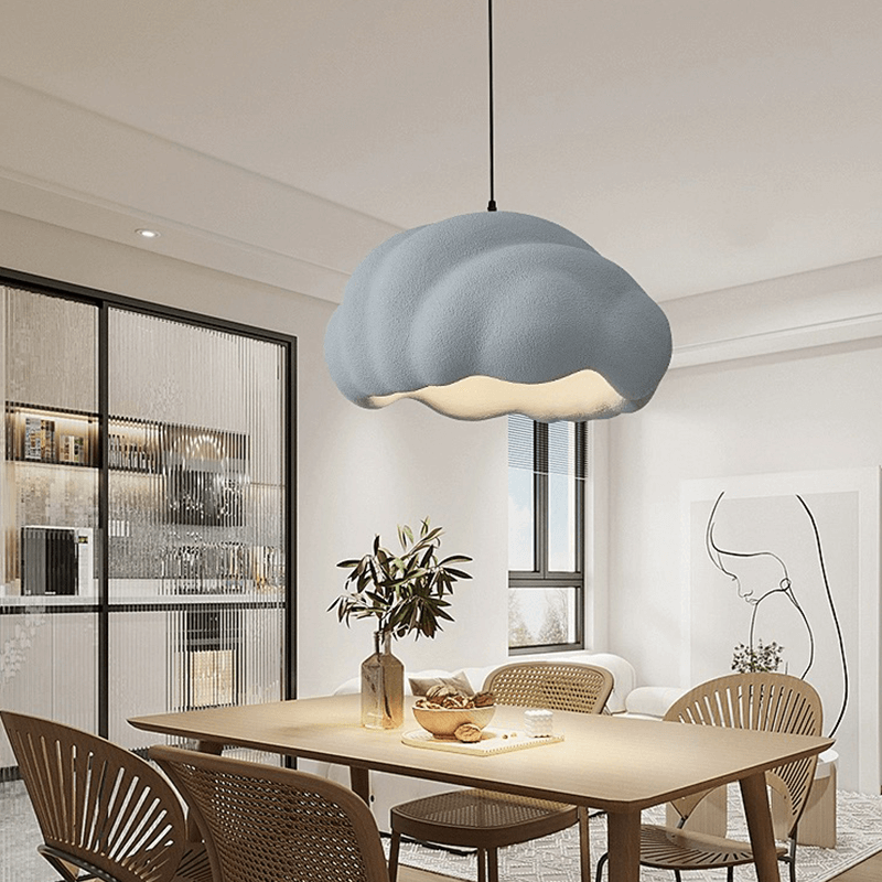 Nordic Cloud Chandelier viewed from below, highlighting its cloud shape and polished metal accents.