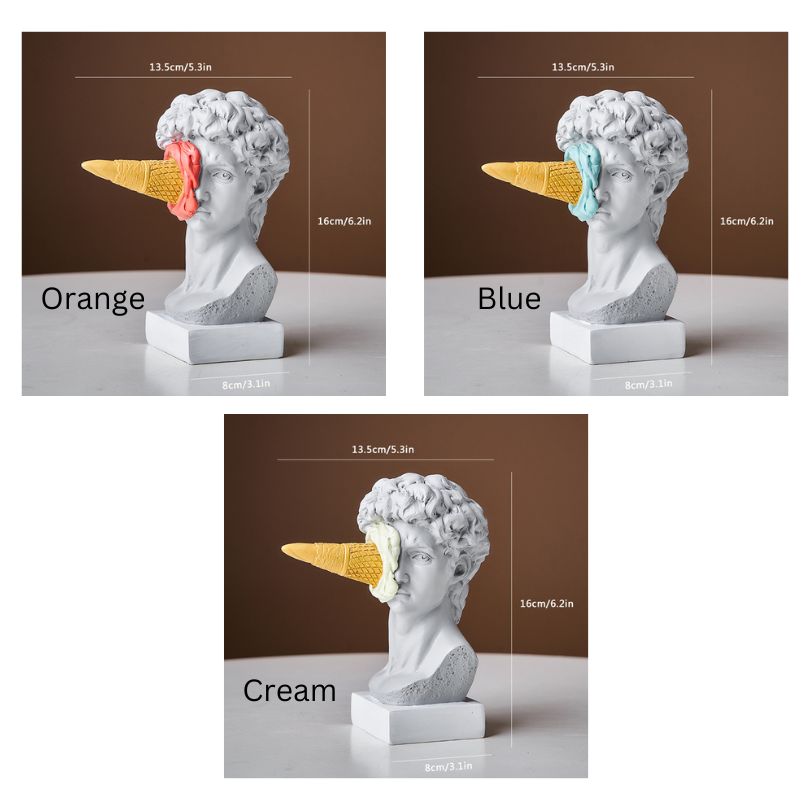 Side view of Nordic David sculpture with ice cream, emphasizing its unique artistic design.