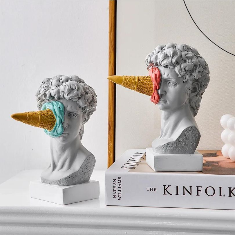 Close-up of Nordic David sculpture with ice cream, highlighting vibrant colors and intricate details.