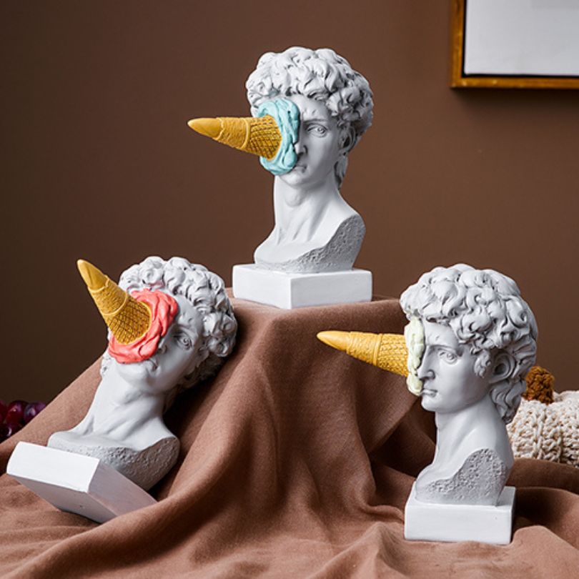 Close-up of Nordic David sculpture with ice cream, highlighting vibrant colors and intricate details.