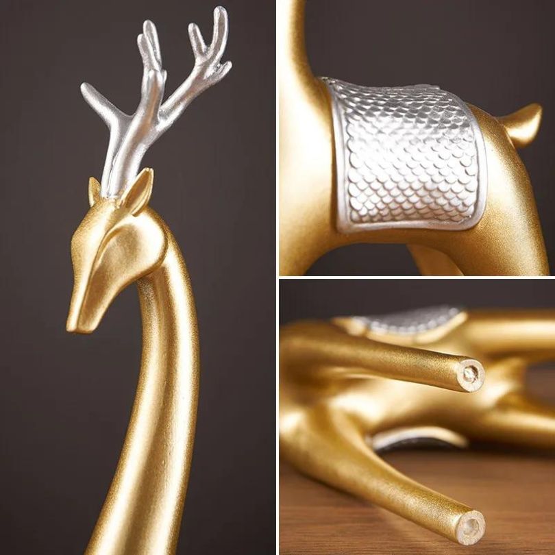 Elegant Nordic couple deer resin sculpture showcasing its irregular shape and beautiful black and gold design.