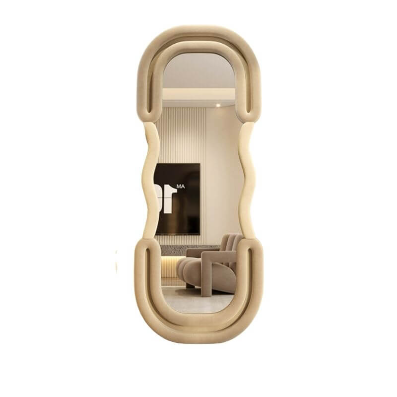 Nordic Stylish Wavy Floor Mirror placed in a cozy bedroom, highlighting its full body reflection and stylish flannelette finish.