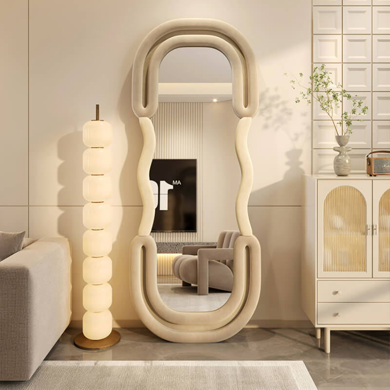 Nordic Stylish Wavy Floor Mirror placed in a cozy bedroom, highlighting its full body reflection and stylish flannelette finish.