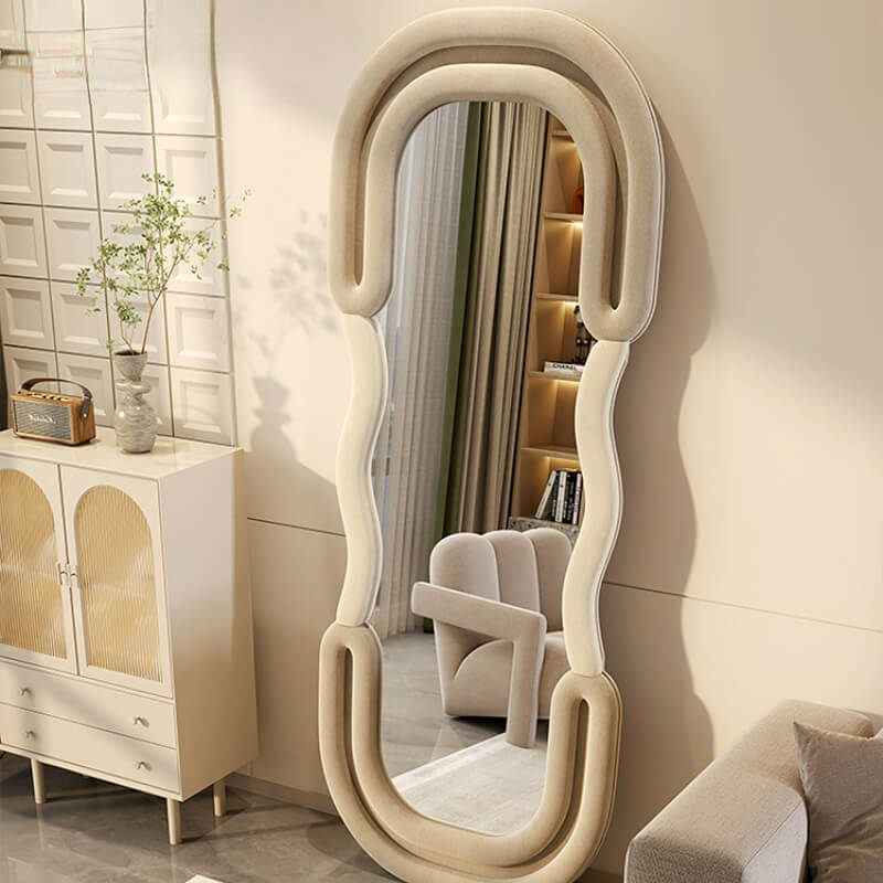 Nordic Stylish Wavy Floor Mirror in a hallway, demonstrating its functionality and aesthetic appeal in home decor.