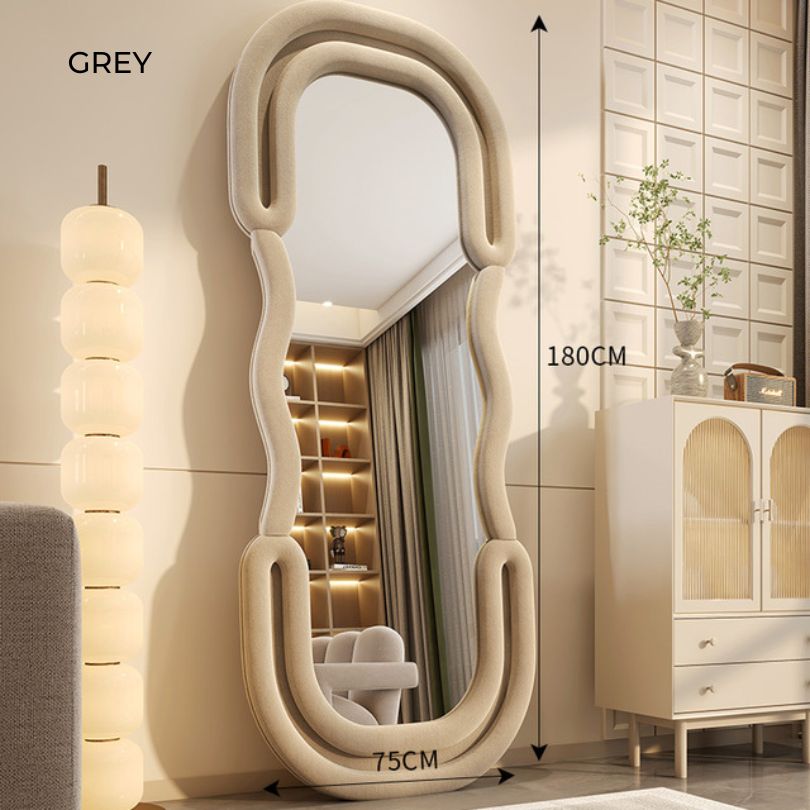 Nordic Stylish Wavy Floor Mirror in a hallway, demonstrating its functionality and aesthetic appeal in home decor.