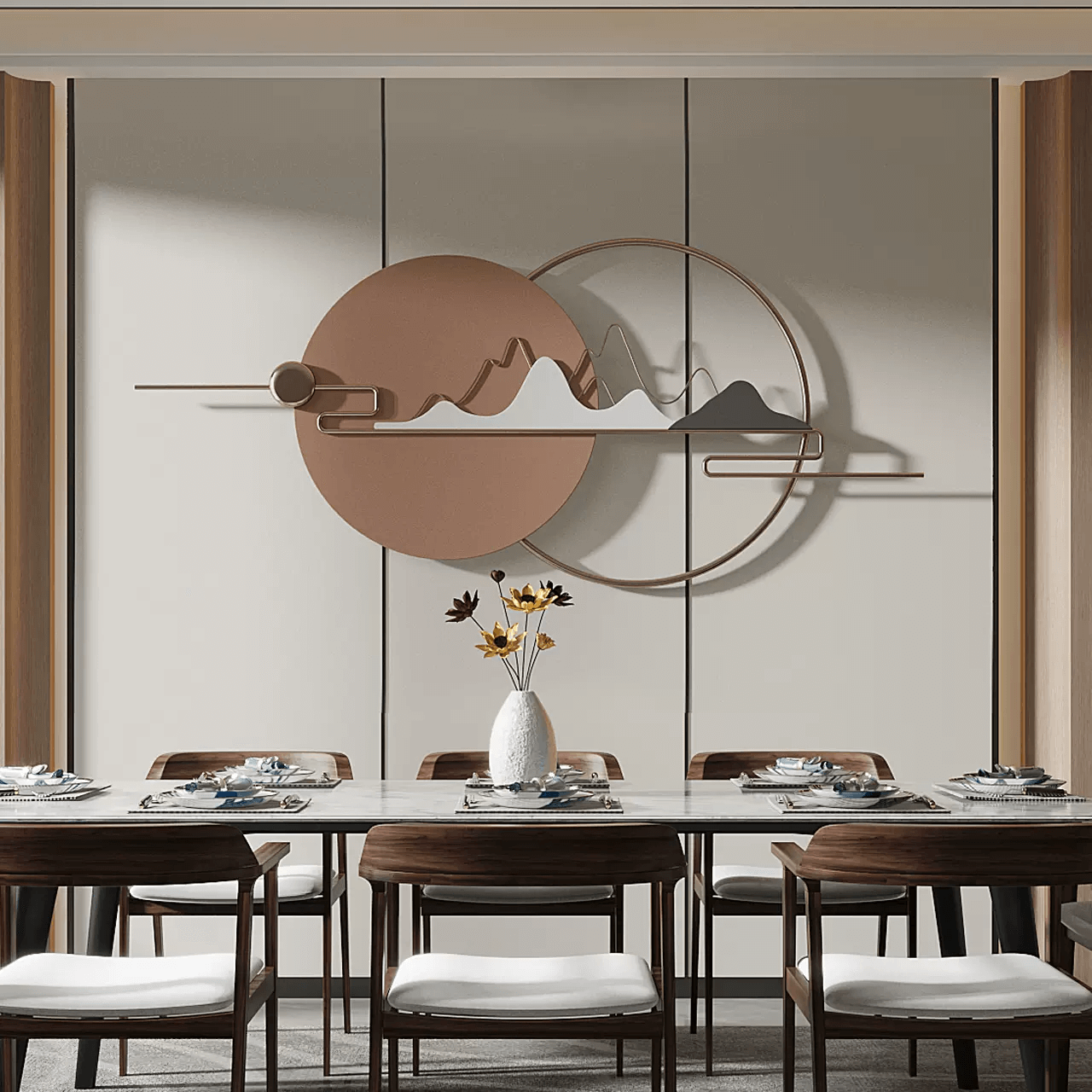 Angled view of Nordic geometric metal wall accent showcasing gold finish and round shape