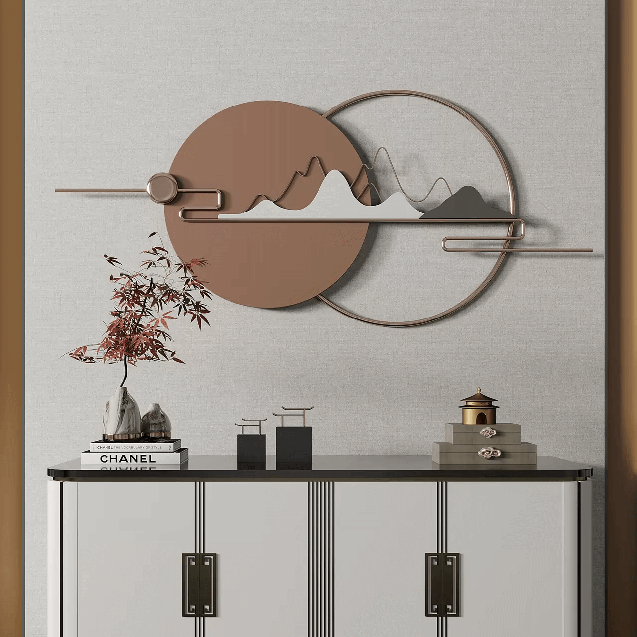 Angled view of Nordic geometric metal wall accent showcasing gold finish and round shape