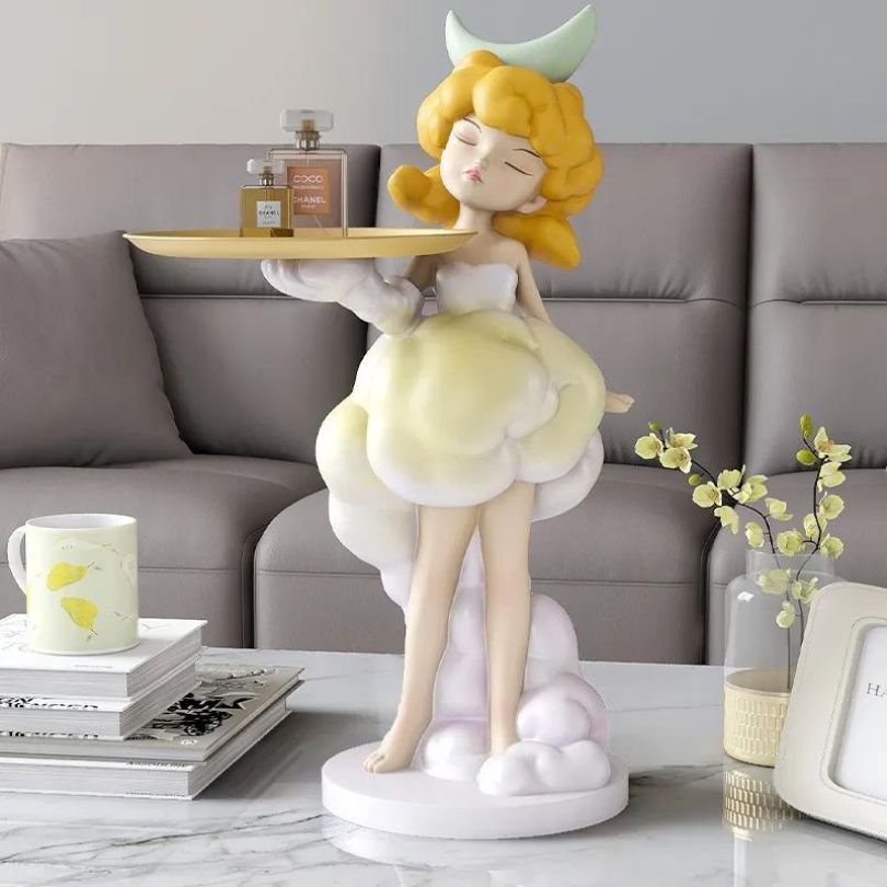 Front view of Nordic girl figurine with tray showcasing modern room decor