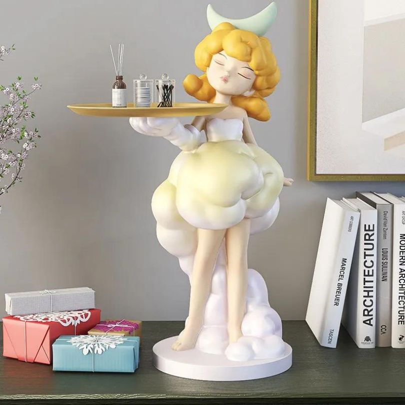 Front view of Nordic girl figurine with tray showcasing modern room decor