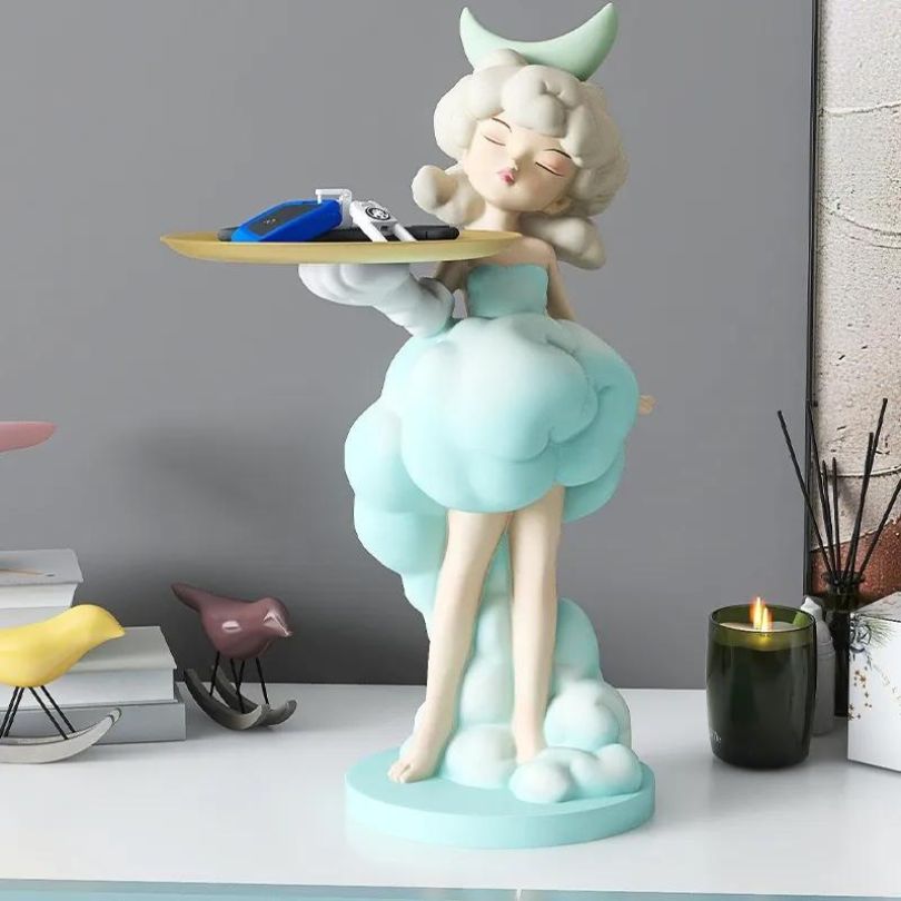 Side view of Nordic girl figurine with tray in a bedroom setting