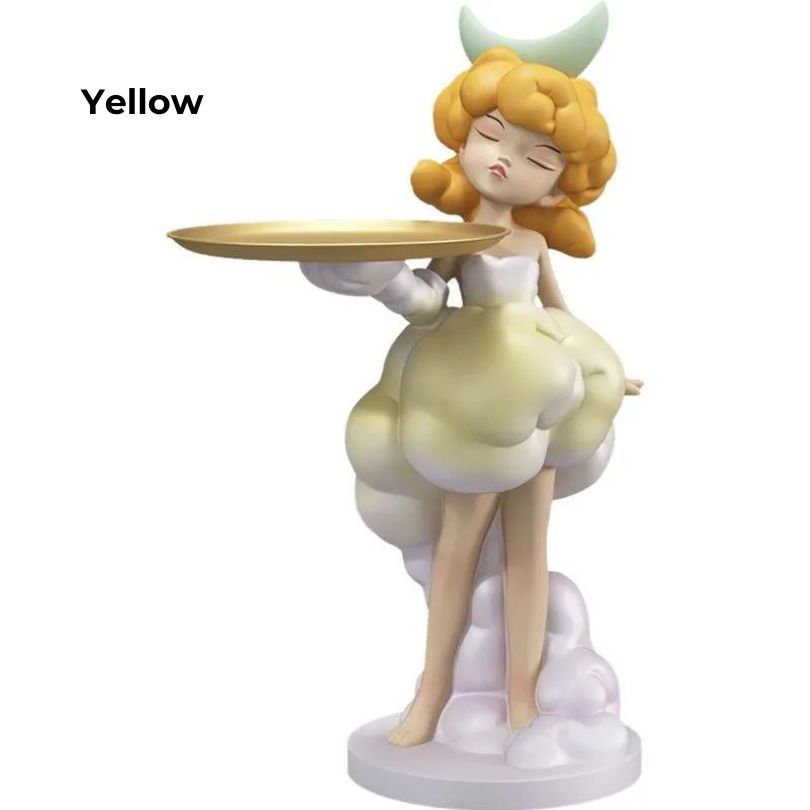 Close-up of the Nordic girl figurine with tray on a living room shelf