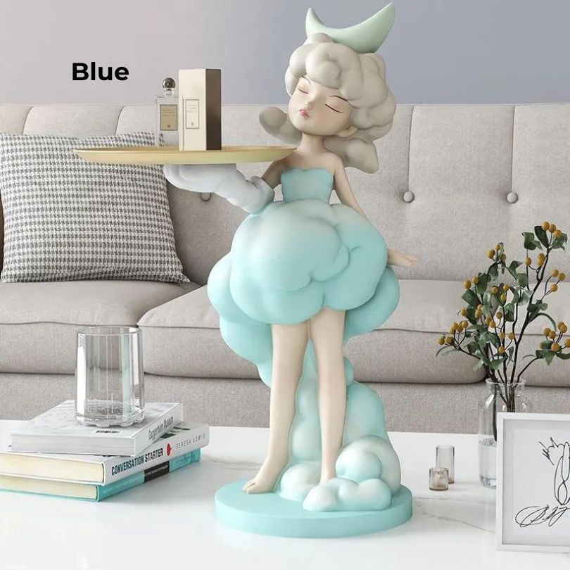 Side view of Nordic girl figurine with tray in a bedroom setting