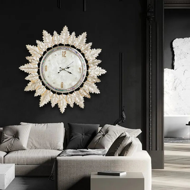 Elegant Nordic Glass Leaf Wall Clock displayed in a modern living room setting.