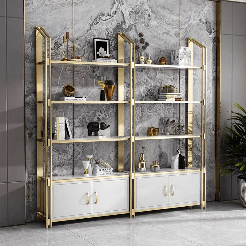 Nordic Elegance Gold Metal Frame Bookshelf with open shelves displaying books and decor items.