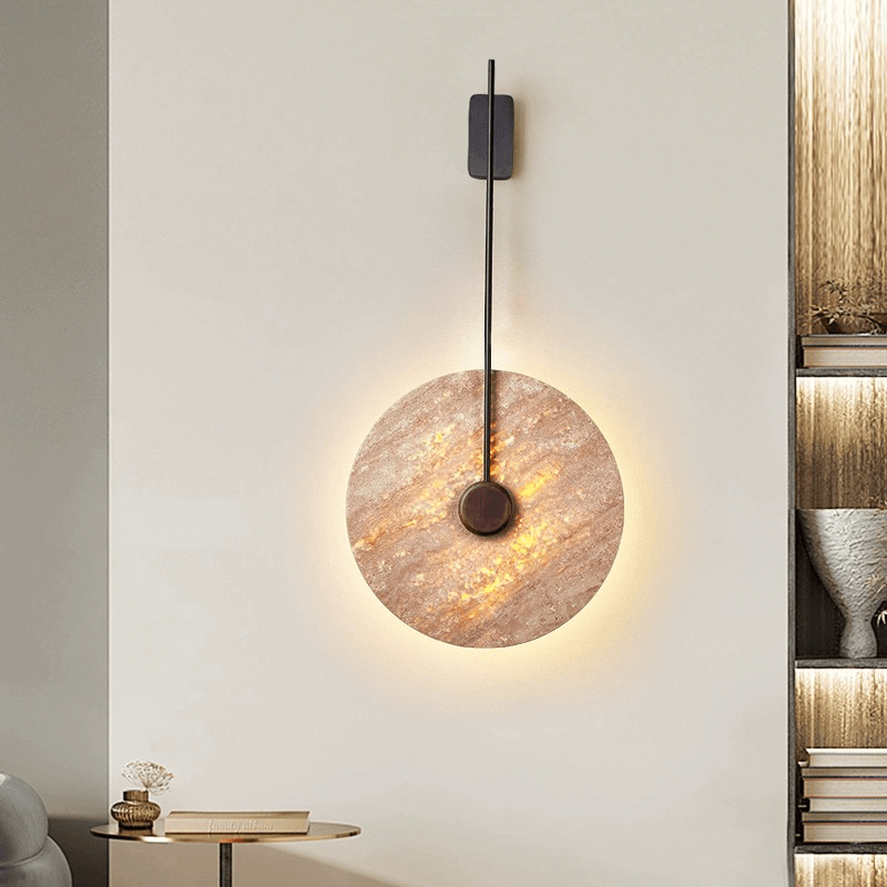 The Nordic marble wall lamp mounted in a stylish bedroom, illuminating the space with soft, warm white light.