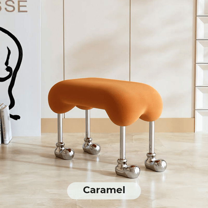 Close-up of the Nordic dog makeup stool, highlighting the comfortable ergonomic seat and sturdy legs.