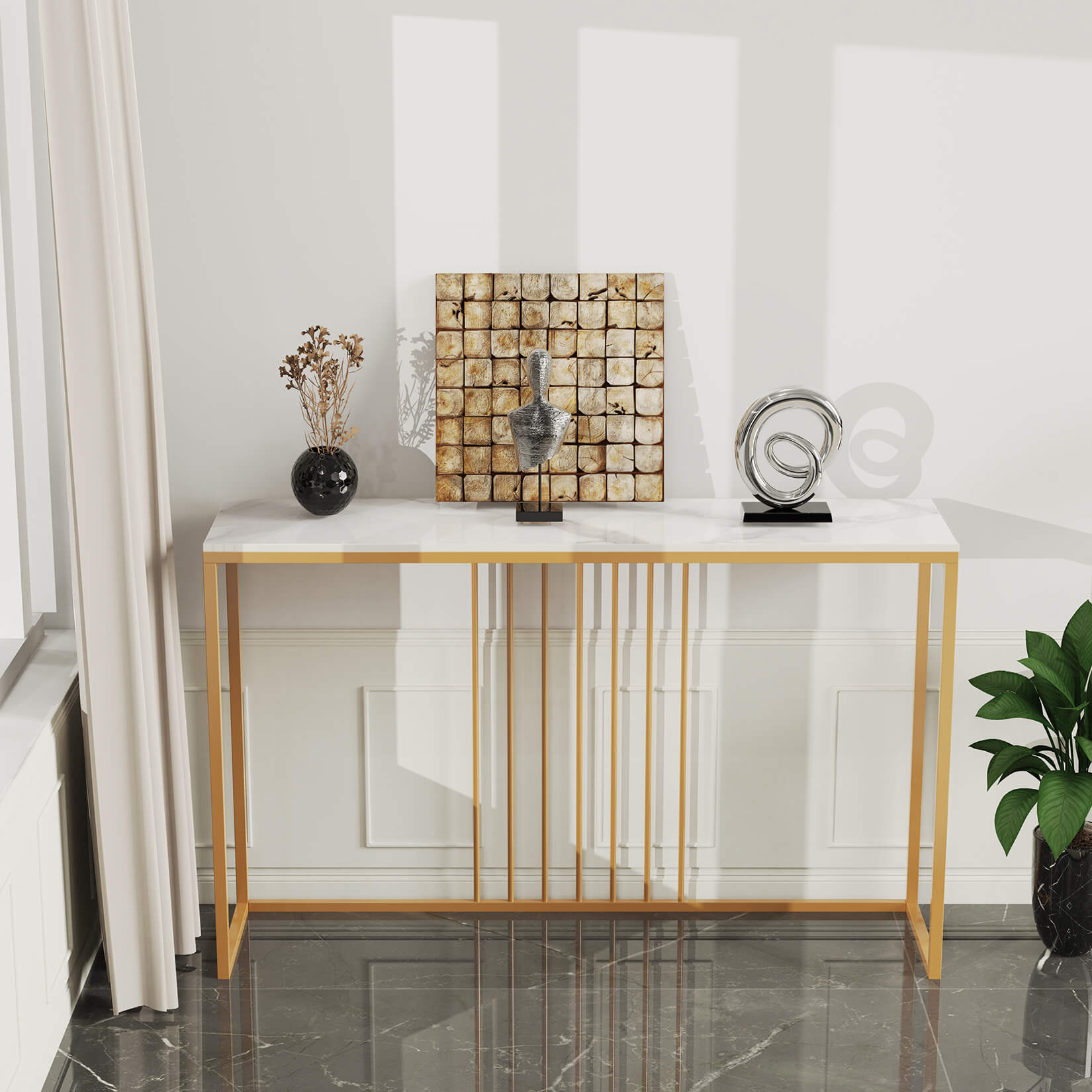 Nordic console table showcasing sintered stone top in a modern entryway setting.