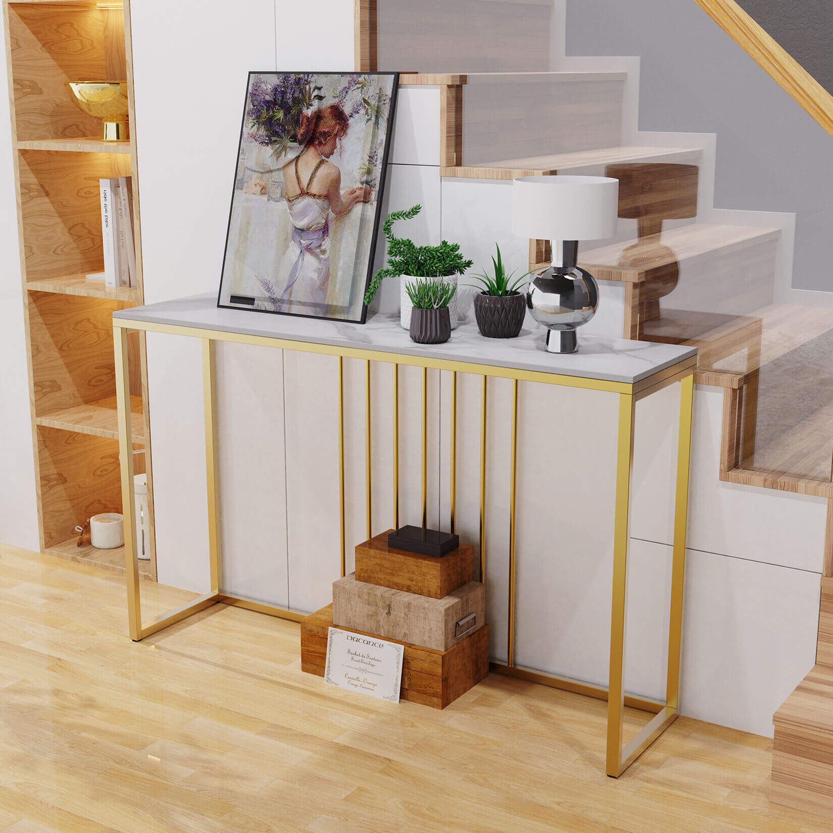 Nordic console table showcasing sintered stone top in a modern entryway setting.
