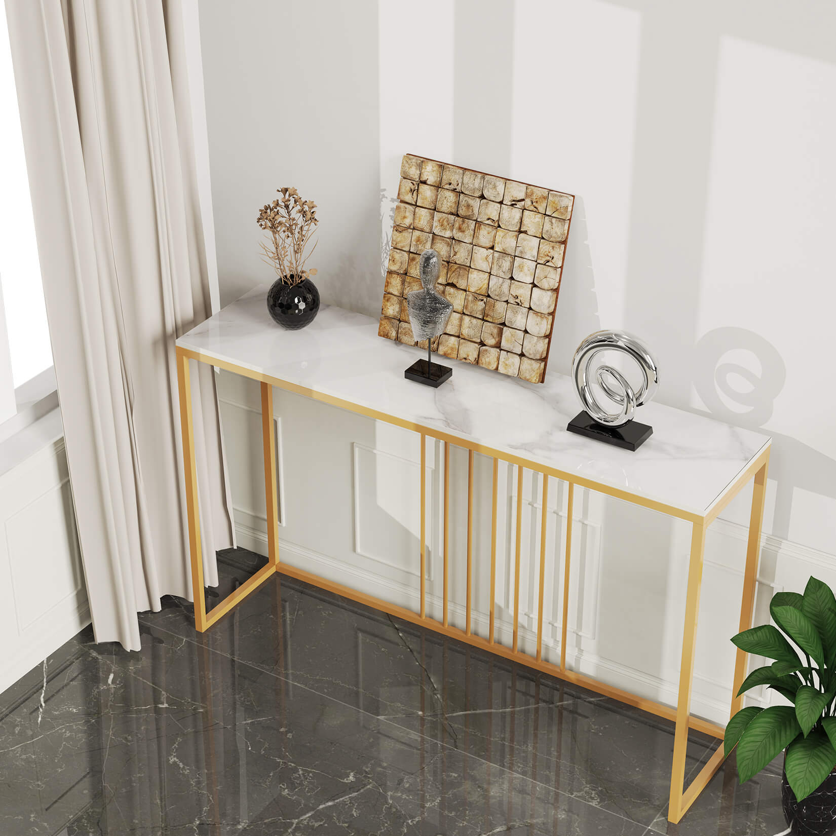 Stylish console table with decorative items placed on top, ideal for home decor.