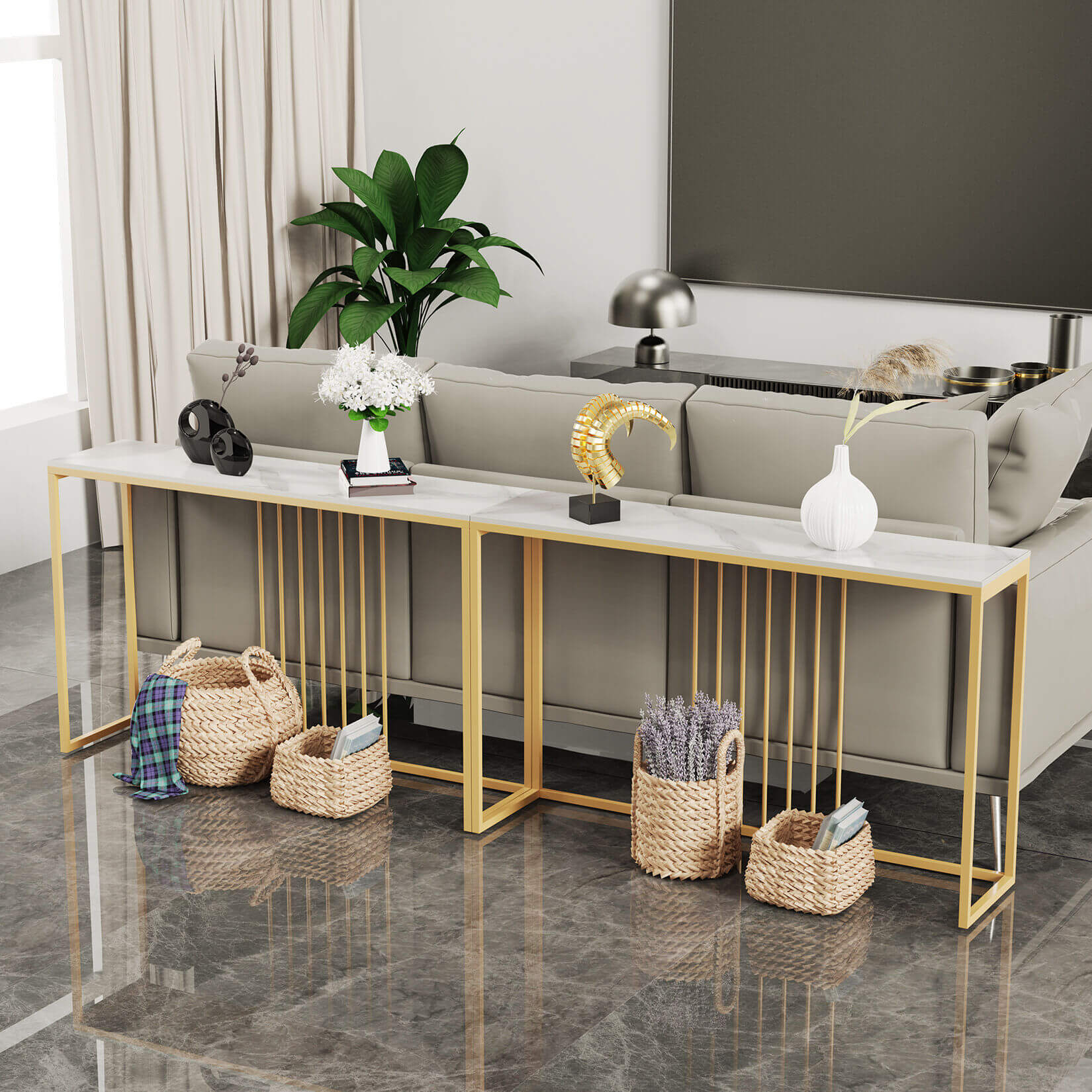 Close-up of the elegant gold and white Nordic console table highlighting its minimalist design.