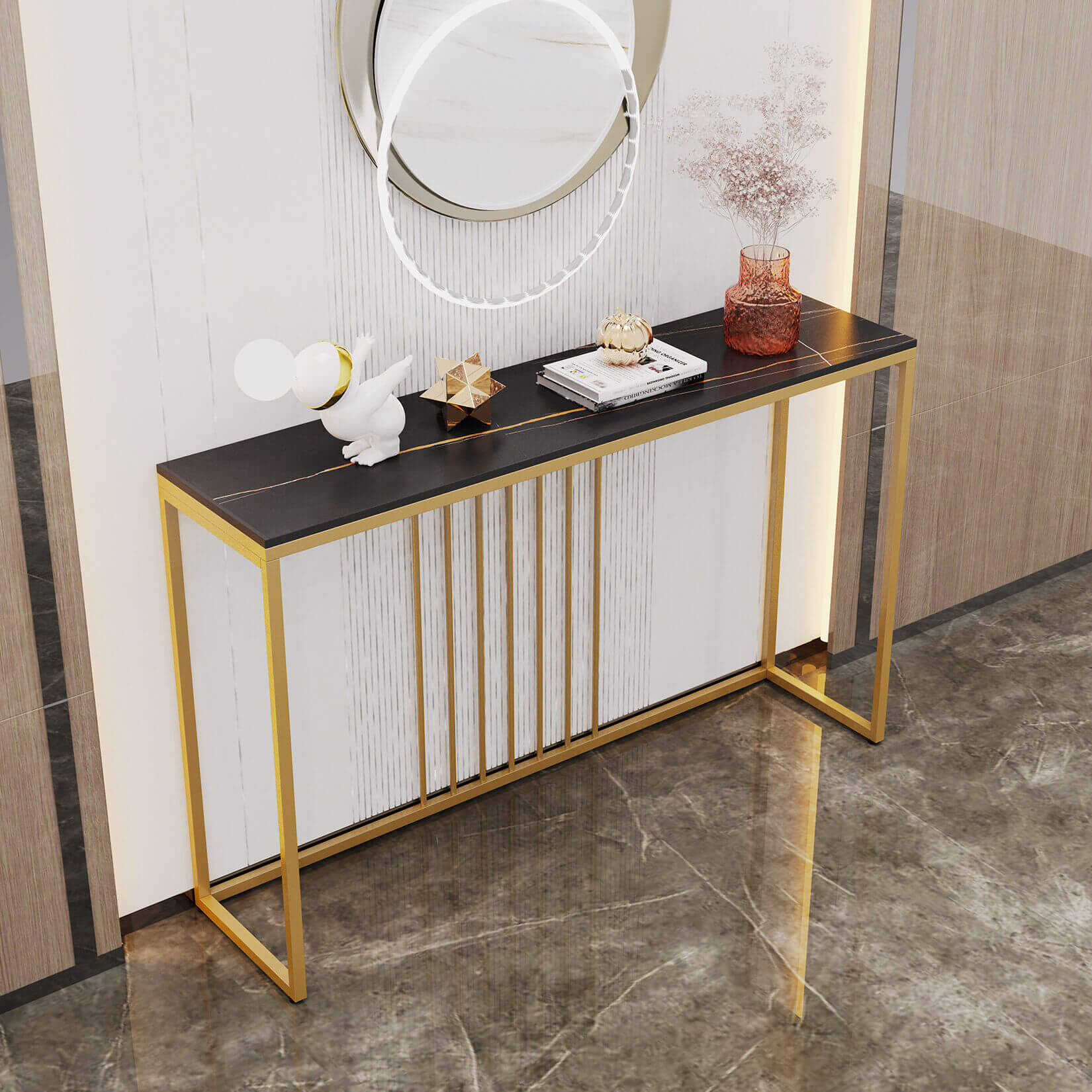 Nordic console table showcasing sintered stone top in a modern entryway setting.