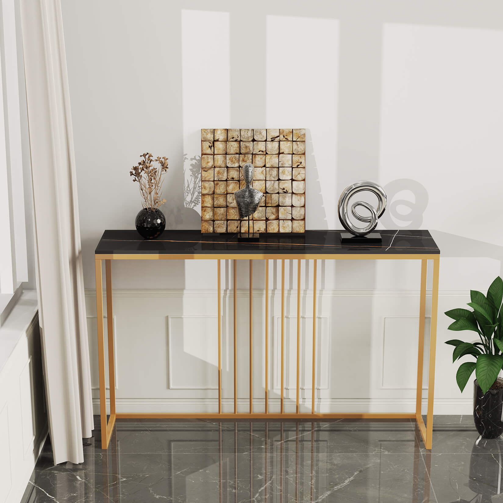 Close-up of the elegant gold and white Nordic console table highlighting its minimalist design.