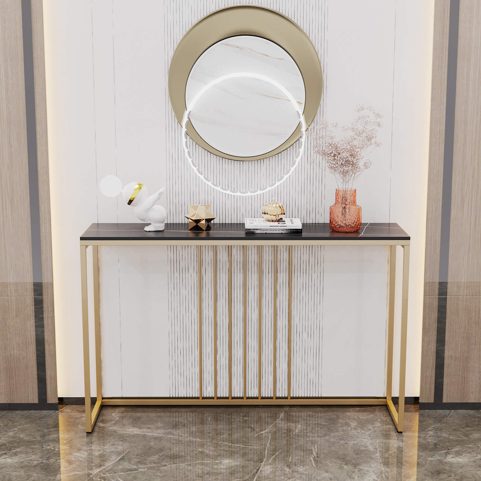 Stylish console table with decorative items placed on top, ideal for home decor.